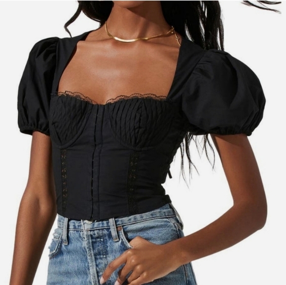 New Astr the Label Black Puff Sleeve Lace Corset Top Small - Picture 2 of 11